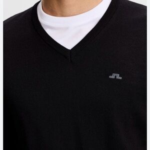 J.Lindeberg Black V-Neck 100%merino wool Sweater with Subtle Gray Logo